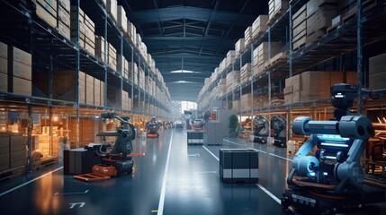 Automated robotics and technology improve warehouse management using automation and AI systems - obrazy, fototapety, plakaty