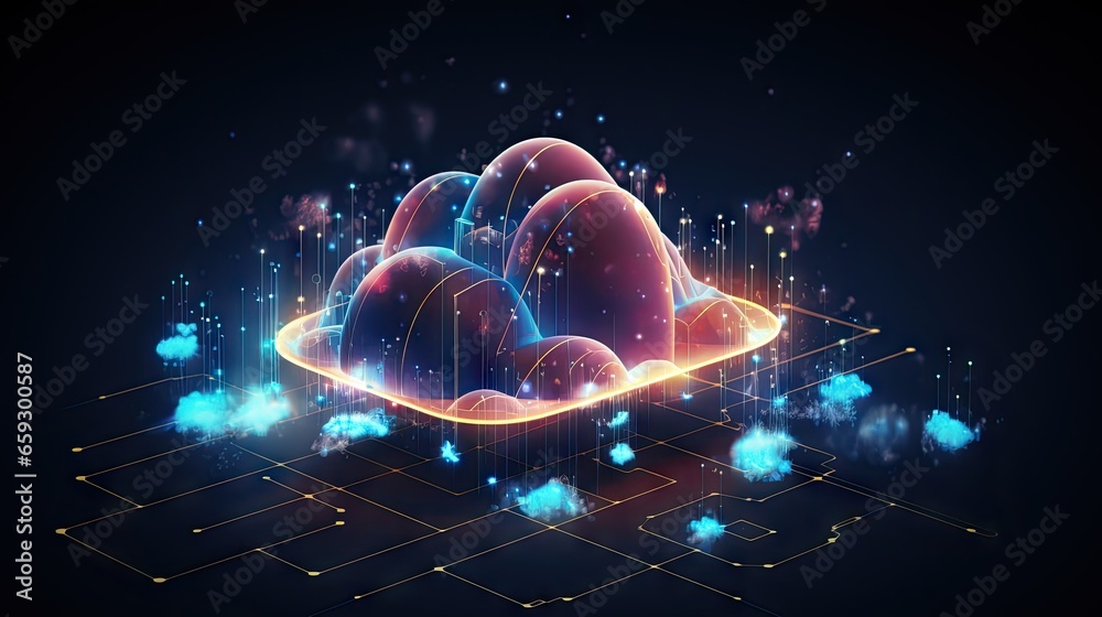 Aufkleber Data is transferred to cloud computing via storage technology concepts with a prominent large cloud icon in the center and a small one in a dark blue background connected to polygons