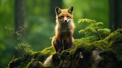 Cute red fox Vulpes vulpes in the green forest