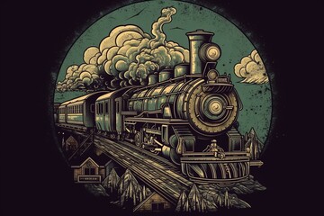 Circular locomotive train artwork for t-shirt. Generative AI