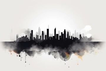 Smoggy skyline with black smoke, urban fire pollution. Isolated on grey background. Generative AI