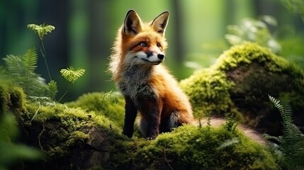 Naklejka na ściany i meble Cute red fox Vulpes vulpes in the green forest