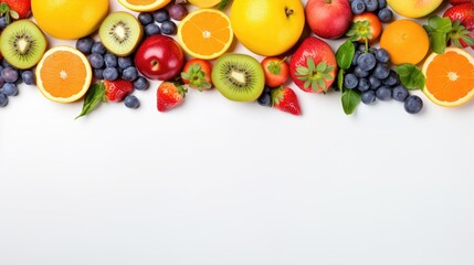 Bird s eye view of vibrant fruits on white background text space available selective focus