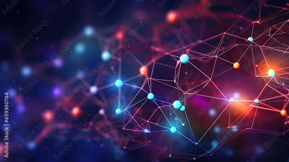 Poster Colorful abstract background with mesh elements illustrating neural connections in AI on a global 3D network
