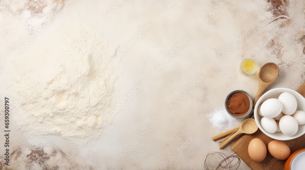 Poster baking background with ingredients and utensil on marble table