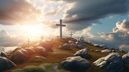 Christianity symbolizes with hill crosses and sun rays