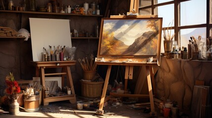 Artist s studio equipped with a wooden easel and painting materials