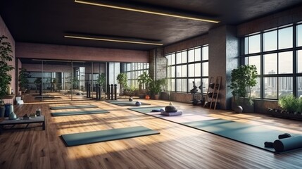 An empty fitness studio with large windows a yoga mat a wooden floor and plants in pots perfect for workouts and training