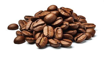 Coffee beans are stacked atop a white surface