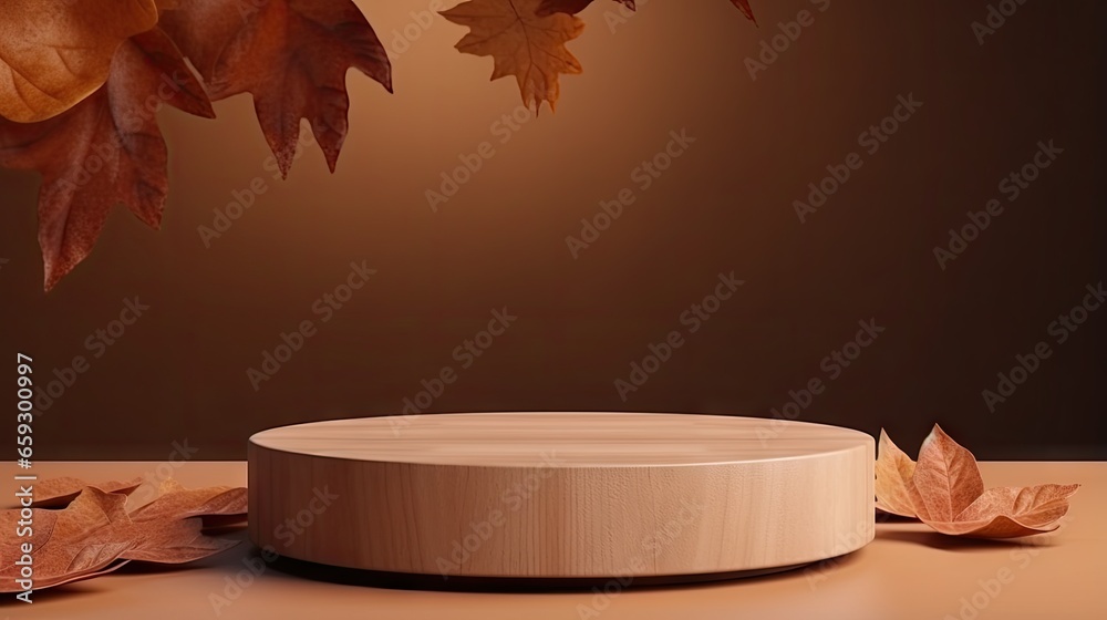 Poster autumn themed cosmetic display on wooden platform with 3d background and copy space