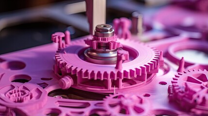 3D printer making pink plastic planetary gear part Filament tools wooden desk Selective focus Visible infill structure Modern production idea - obrazy, fototapety, plakaty