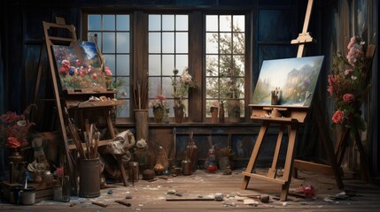 Artist s studio equipped with a wooden easel and painting materials - obrazy, fototapety, plakaty