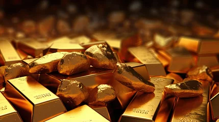 Zelfklevend Fotobehang Close up of gold bars on a grainy nugget background © vxnaghiyev