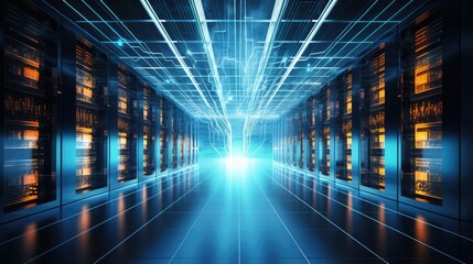 Data center and digital technology concept Communication network Science technology Wide angle visual for banners or ads