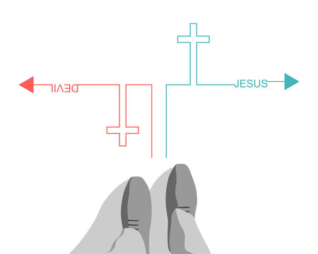 Gods and satanic thin line crosses with way arrows. Top view feet of businessman in shoes