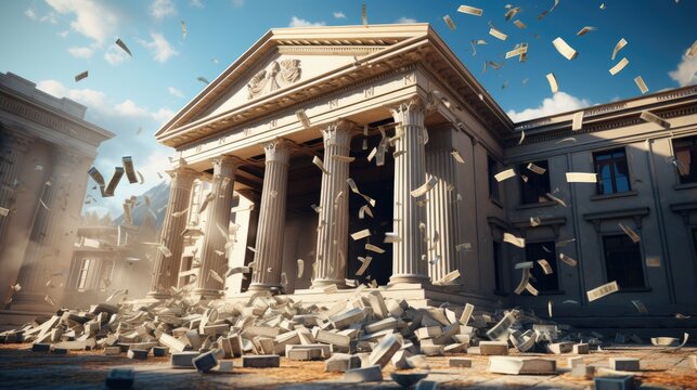 Bank building collapses causing bankruptcy and a financial crisis Customers lose money after bank goes bankrupt Illustration depicting the situation