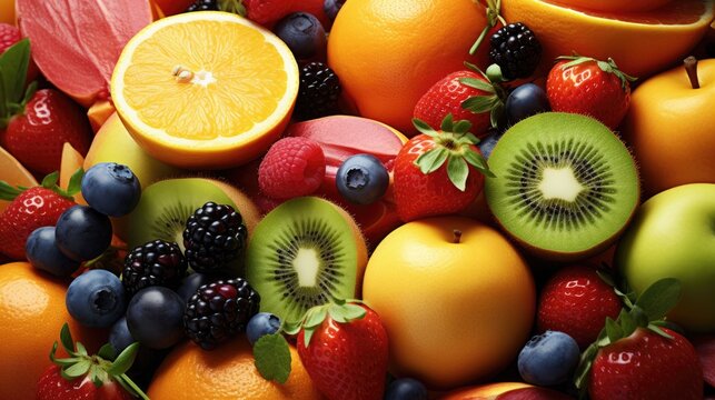 Assorted and colorful fresh fruits representing healthy eating against a fruity backdrop