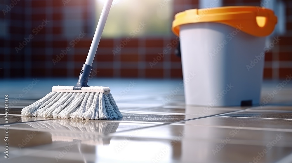 Poster Cleaning tools bucket and mop on home floor with room for text