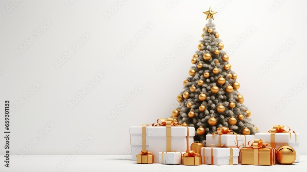 Poster 3d rendered christmas tree with presents on white background and copy space
