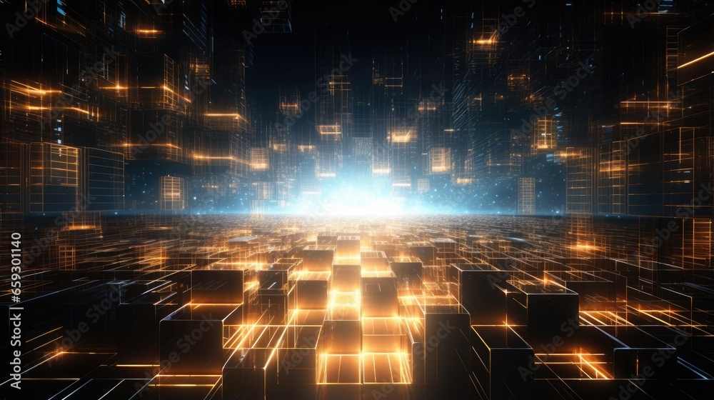 Aufkleber Abundant digital storage valuable data in Meta verse cryptocurrency mining light point and grid link for communication 3D rendering