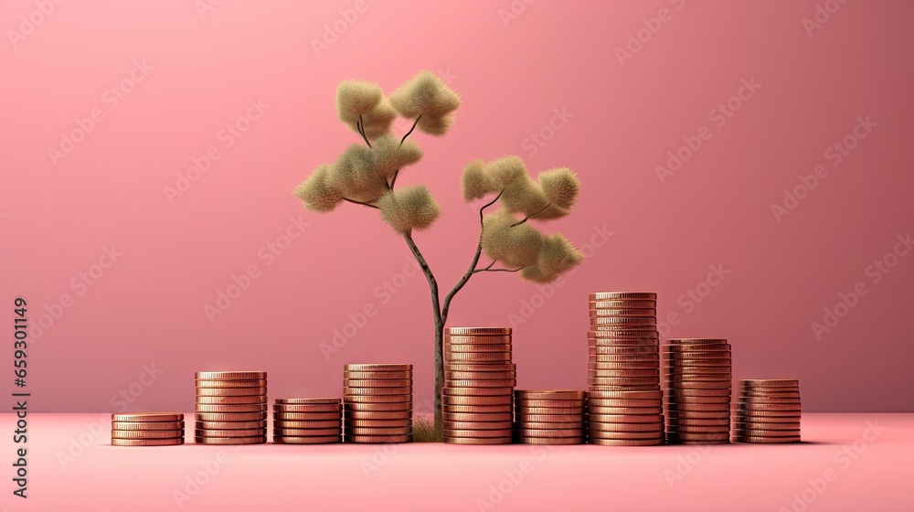 Aufkleber coin stacks with growing trees on a pink background representing business investment and saving mone