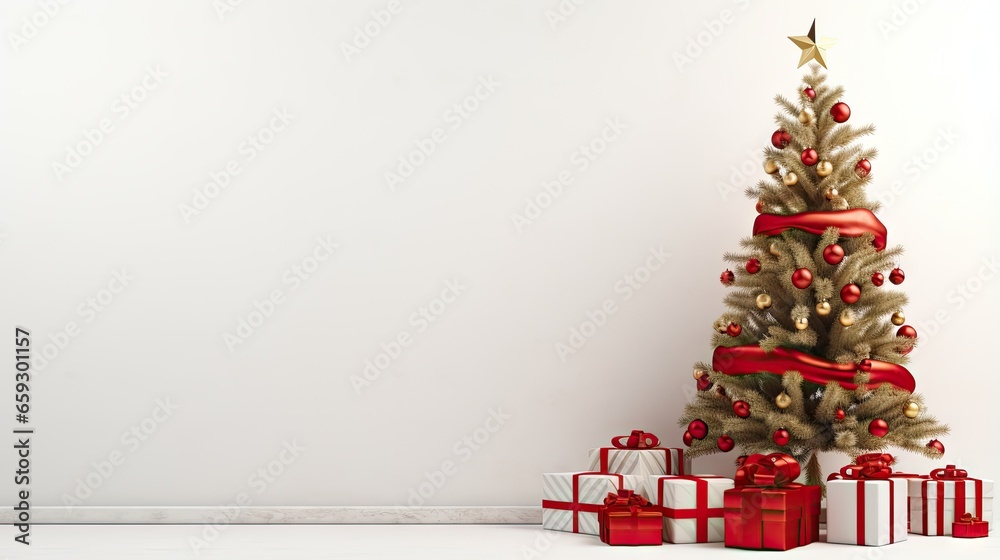 Poster 3d rendered christmas tree with presents on white background and copy space