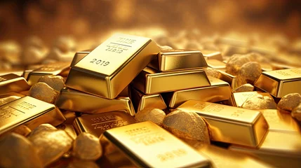 Rolgordijnen Close up of gold bars on a grainy nugget background © vxnaghiyev