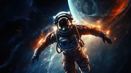 Fototapeta na wymiar Astronaut in spacesuit with stars nebula and galaxy around