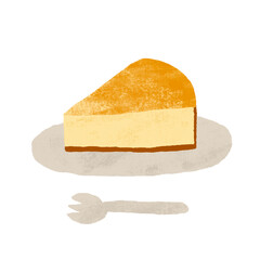 手描き　チーズケーキのイラスト　お皿とフォークのセット