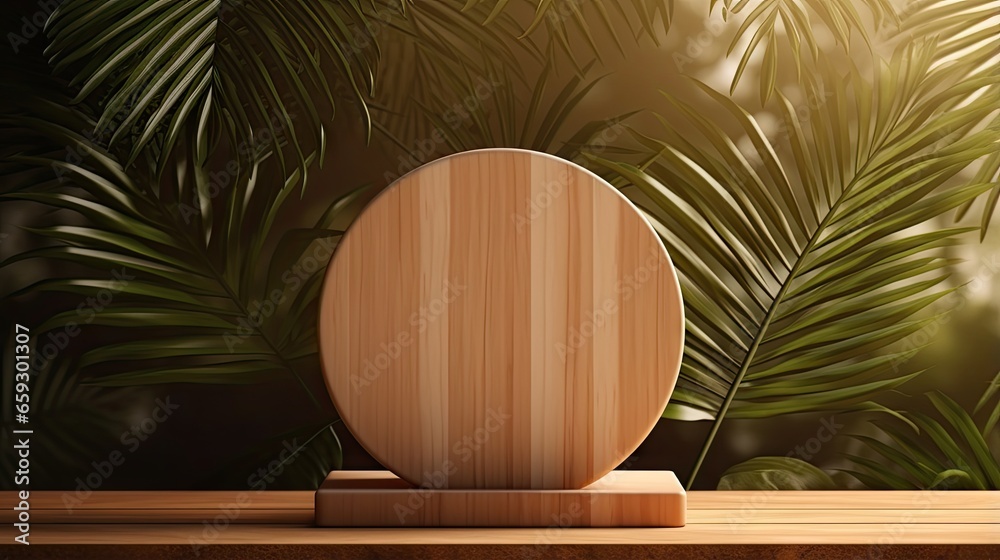 Poster 3d render of empty space on wooden stand with tropical leaves on brown background for product displa