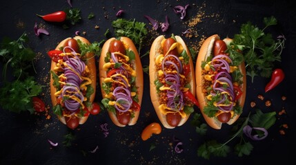 Carrot vegan hot dogs on dark slate background with assorted toppings Plant based meal concept