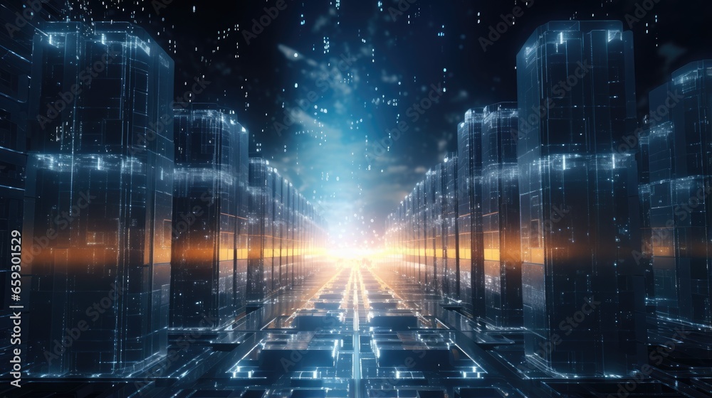 Aufkleber Abundant digital storage valuable data in Meta verse cryptocurrency mining light point and grid link for communication 3D rendering