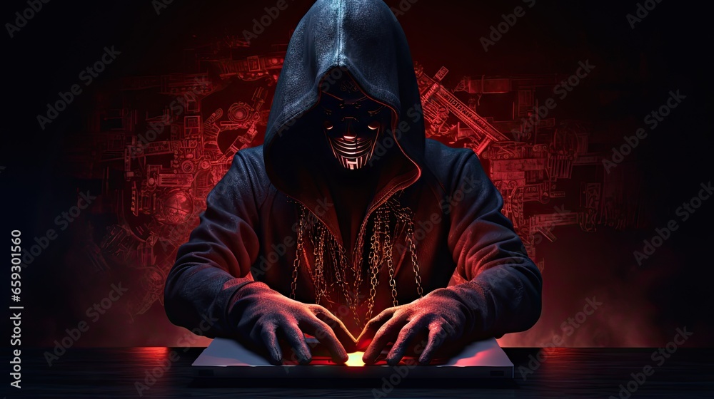 Aufkleber concept of cyber warfare involving hooded hackers in the dark web