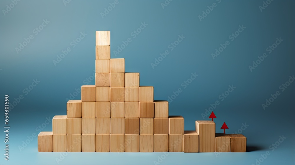 Poster Ascendant arrow hitting large target icon above wooden block graphs on blue backdrop symbolizing investment income inflation growth success and business objectives