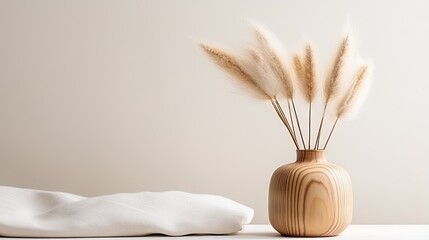 Aesthetically minimal home interior concept Bunny tail grass in a tan vase wooden storage box...