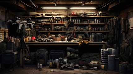 Different weapons and military gear stored downstairs - obrazy, fototapety, plakaty