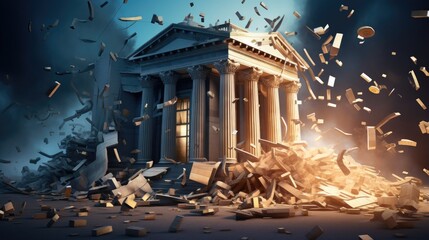 Bank building collapses causing bankruptcy and a financial crisis Customers lose money after bank goes bankrupt Illustration depicting the situation - obrazy, fototapety, plakaty