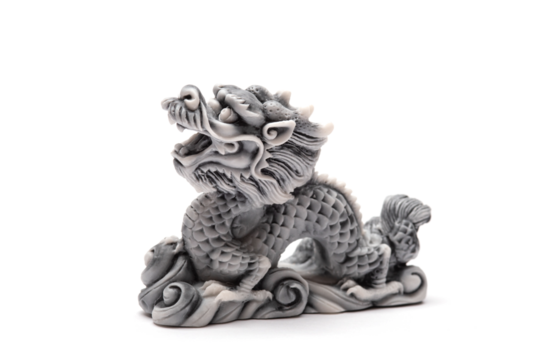 Gray dragon statue isolated on a white background. The symbol of 2024. Happy Chinese New Year.