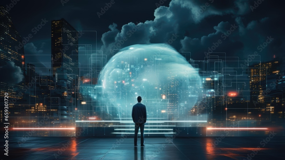 Poster Cloud computing network cyberspace The future of technology 5G and global business working towards saving the world with an automated and programmable infrastructure as a businessman connects t