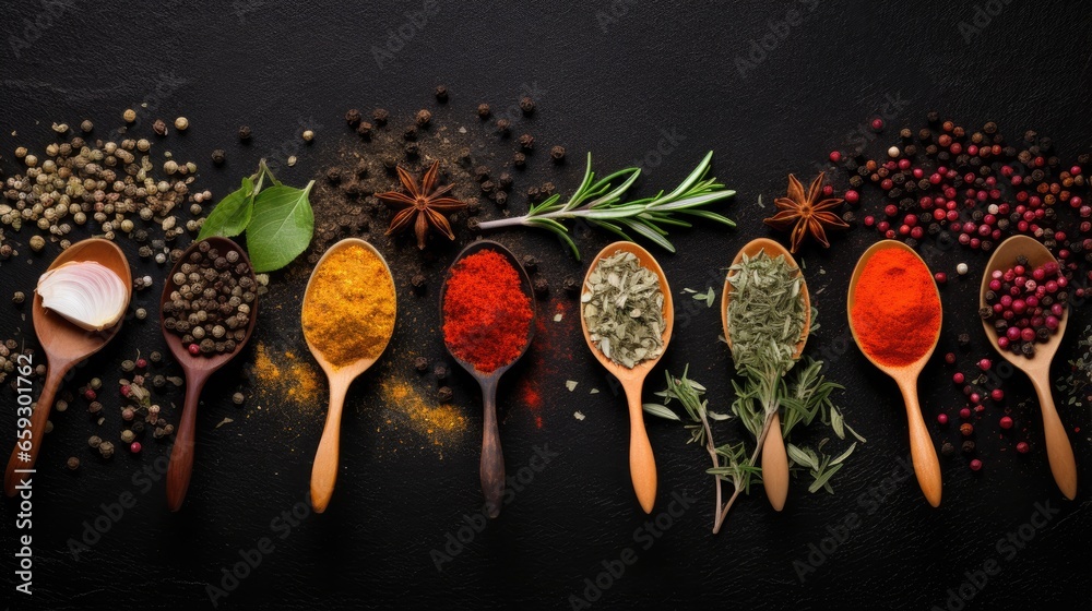 Aufkleber Assorted vibrant spices on a black slate background Top view