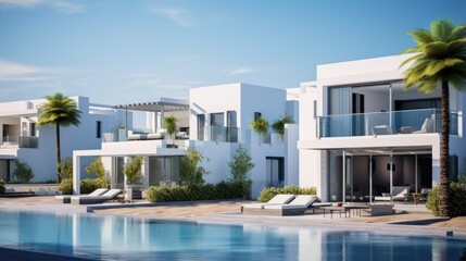 Contemporary Middle Eastern luxury villas in white and blue casting strong shadows on a sunny day