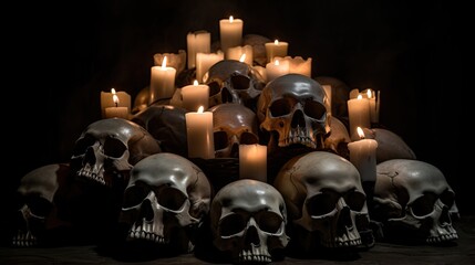 Close up of a dark scene with candles and a human skull - obrazy, fototapety, plakaty