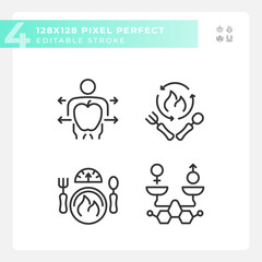 2D pixel perfect black icons collection representing metabolic health, editable thin line illustration.
