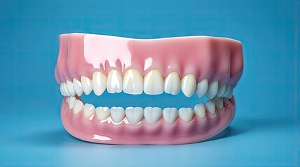 Blue plastic model of teeth gums and jaw on a clean background Represents good dental health hygiene and wellness Dental care orthodontics and oral health