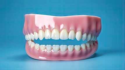 Obraz premium Blue plastic model of teeth gums and jaw on a clean background Represents good dental health hygiene and wellness Dental care orthodontics and oral health