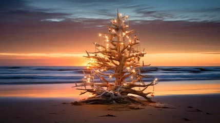 Gartenposter An Australian beach Christmas with a driftwood tree lit up at sunrise or sunset © vxnaghiyev