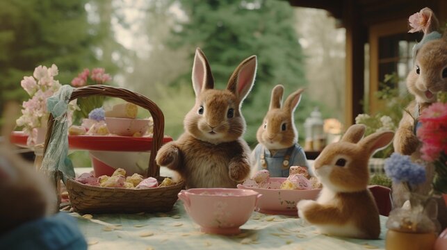 A heartwarming scene featuring a family of easter bunnies, allowing space for text, background image, AI generated