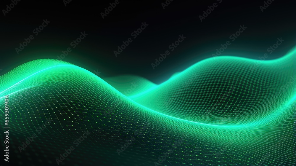 Poster Abstract digital background with a screen gradient texture in green and a wave of light 3D rendering