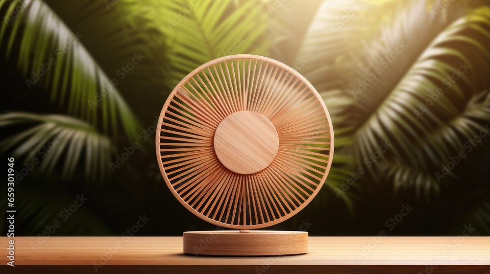 Poster 3d render of empty space on wooden stand with tropical leaves on brown background for product displa