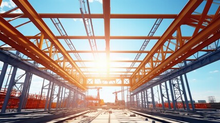 Construction of the steel building s pillars using a crane in a factory under the blue sky